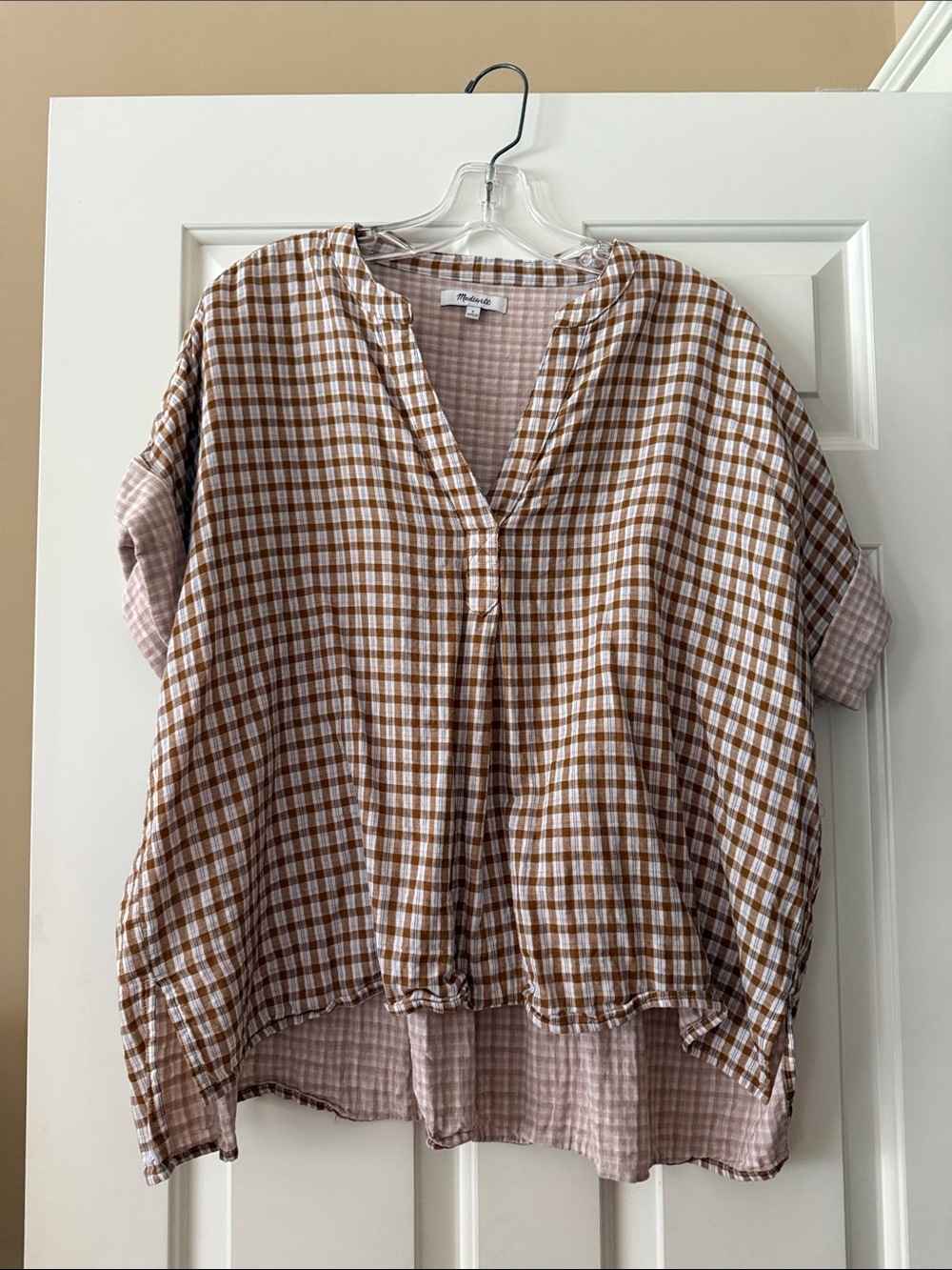 Madewell Brown and Cream Gingham Split-Neck Tunic